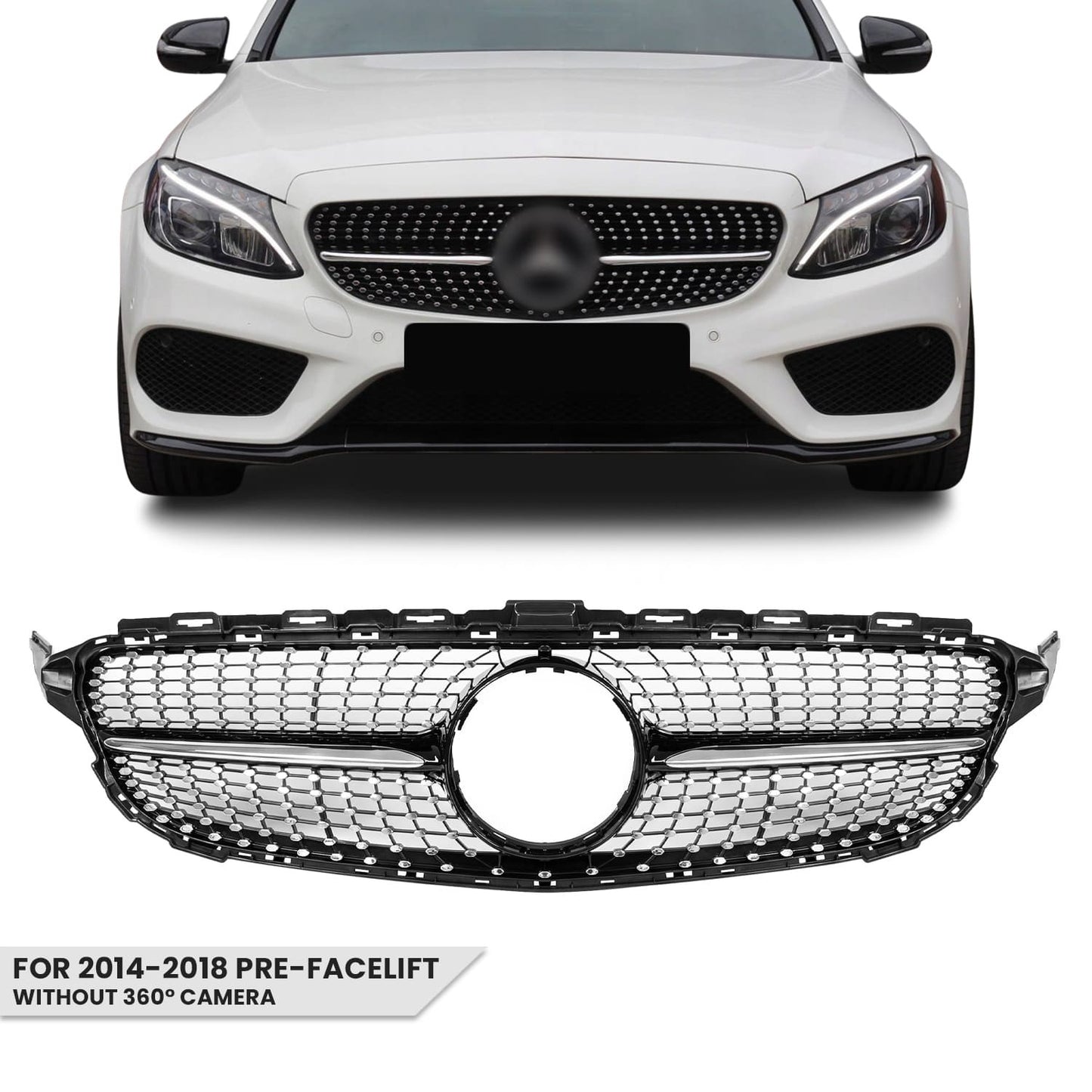 Diamond Front Grille for Mercedes-Benz W205 / S205 / C205 (14-18) pre-facelift, without camera, chrome + black