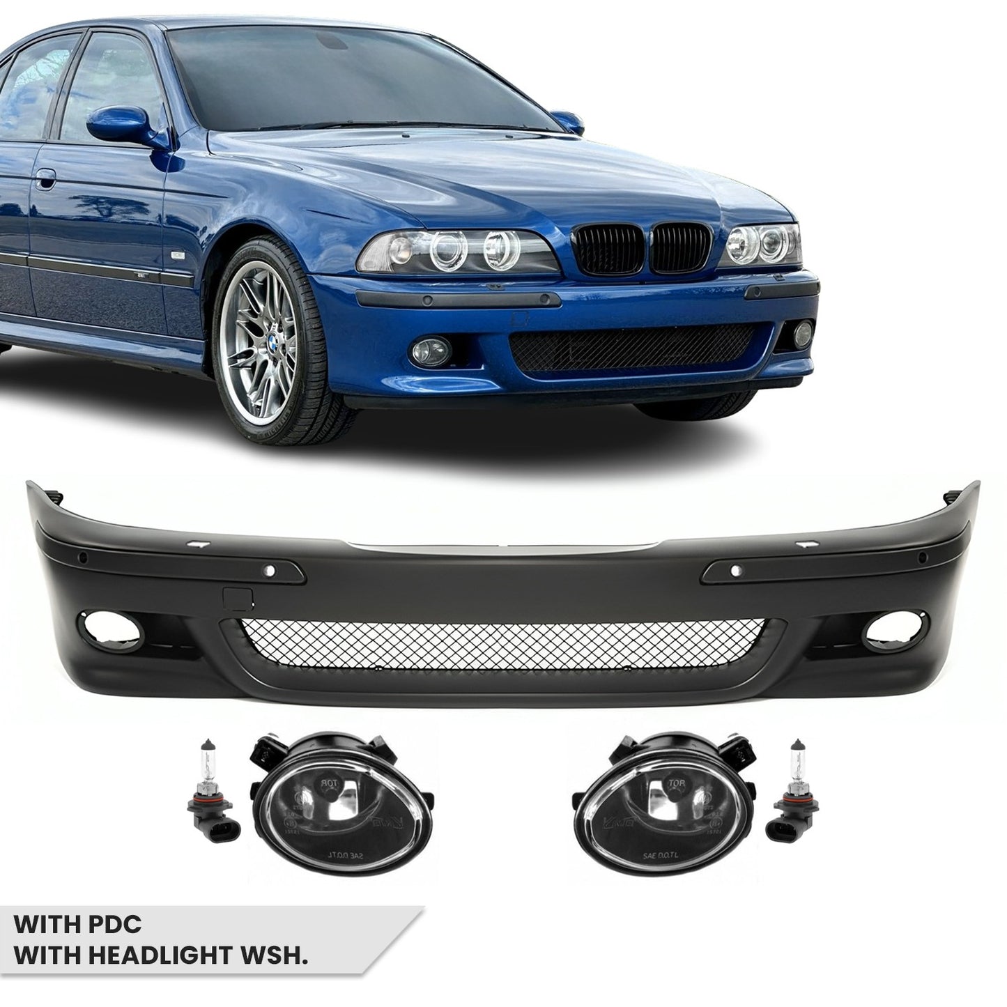 M Pack Front Bumper for BMW E39, with PDC and headlight washers, with clear fog lights