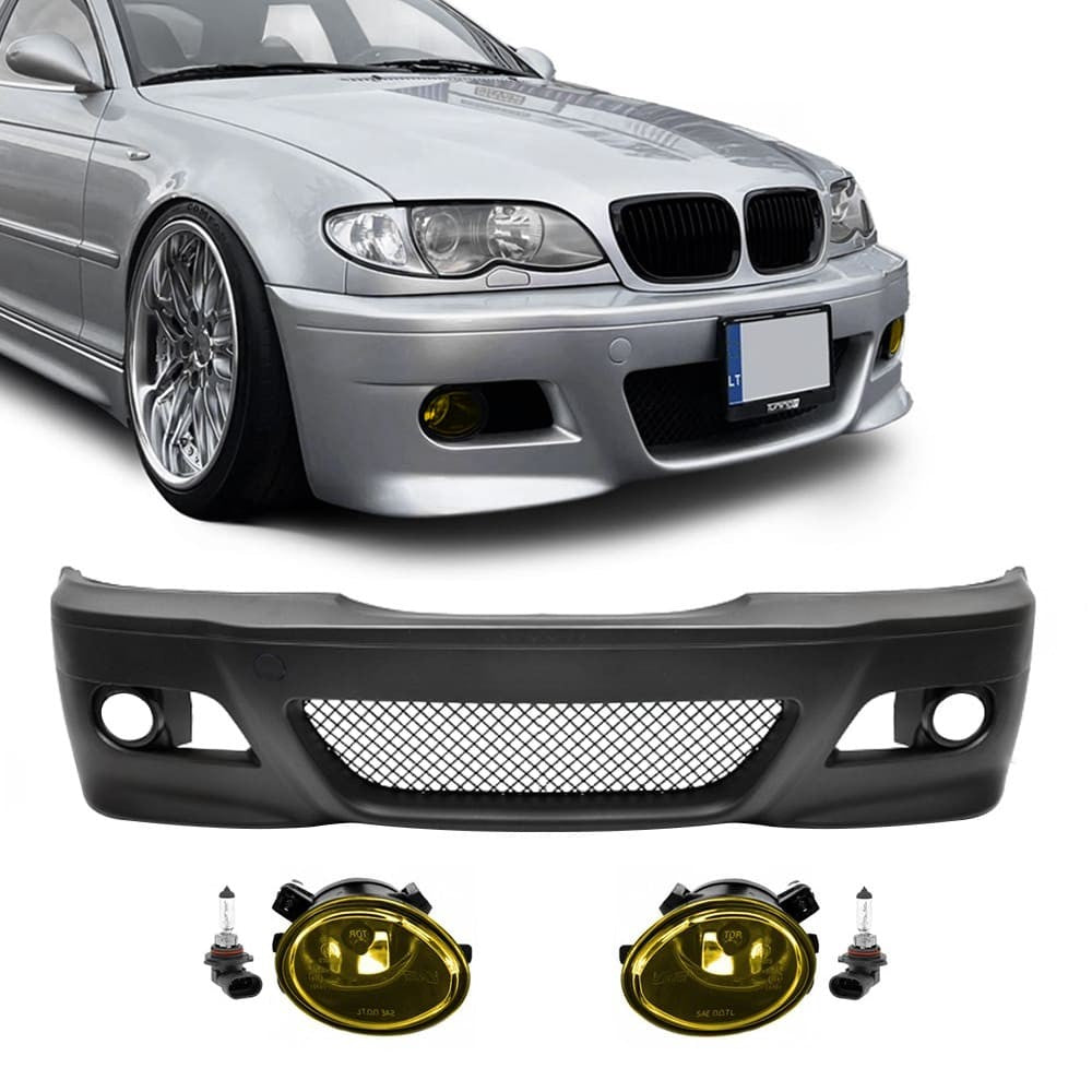 M3 style Front Bumper for BMW E46 sedan / touring / coupe (98-05), with yellow fog lights