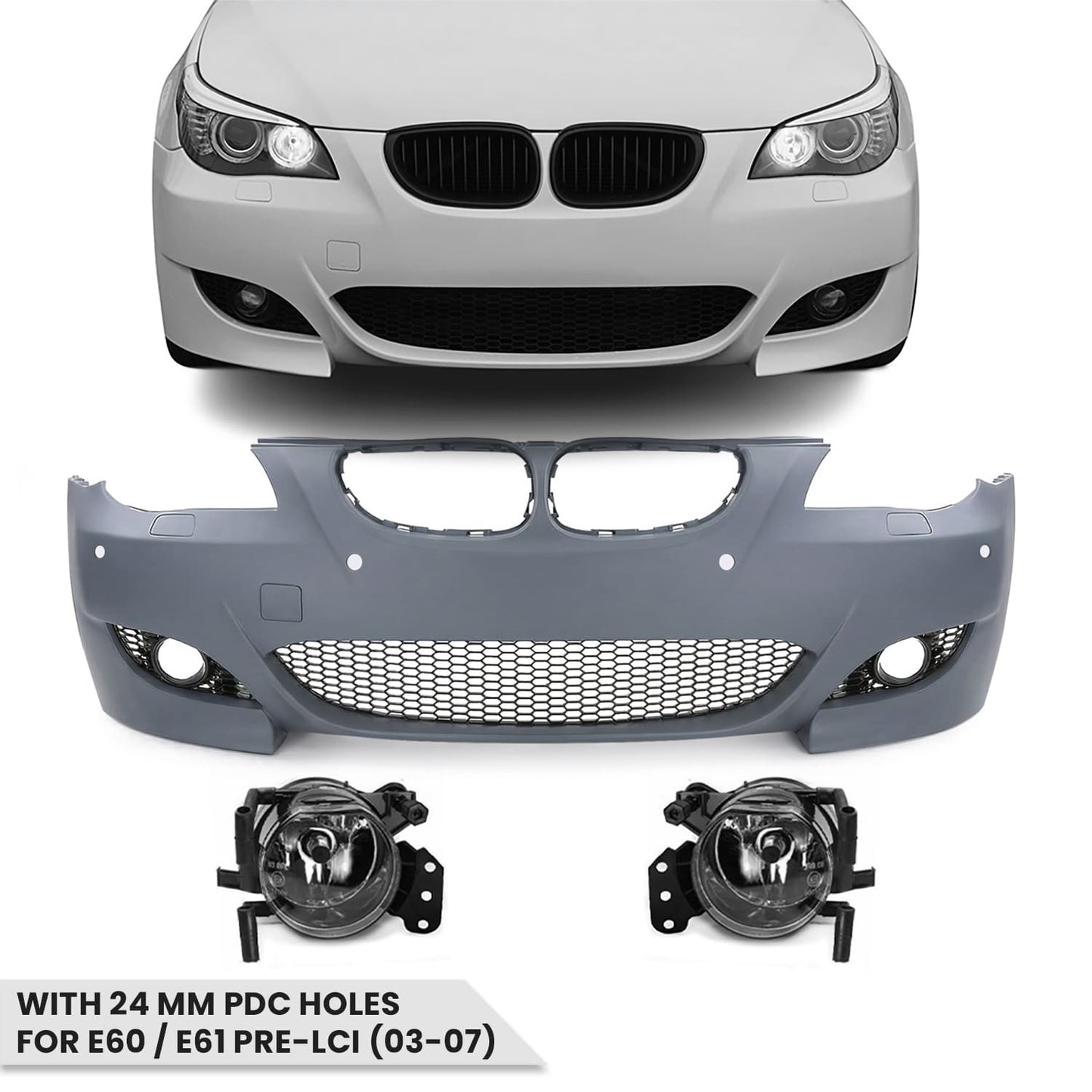 M5 look Front Bumper for BMW E60 / E61 PRE-LCI (03-07) with 24 mm PDC holes, with clear fog lights