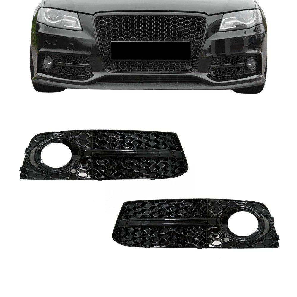 RS-style Fog Light Grille, Covers for Audi A4 B8 (08-12) with standard bumper, glossy black