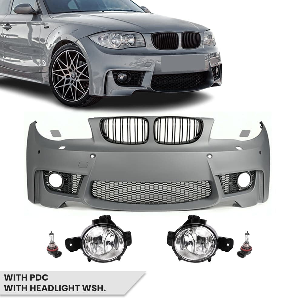 1M style Front Bumper for BMW E81 / E82 / E87 / E88, with PDC, with Washer holes, with fog lights
