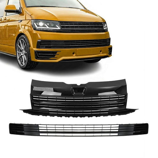 Badgeless Front Upper + Lower Grille set for VW T6 (15-19), without PDC, without Distronic, glossy black