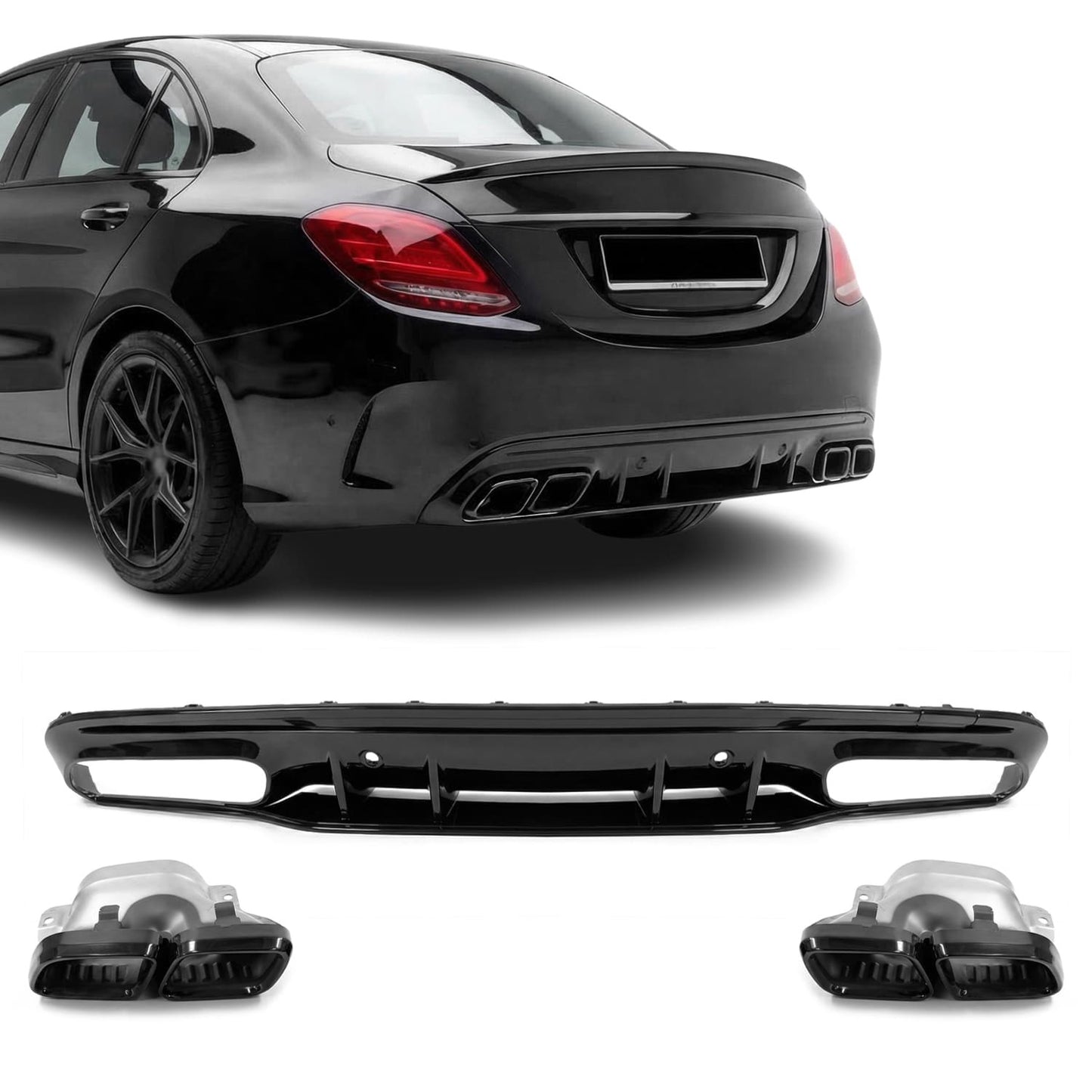 C63-style Rear bumper Diffuser + Exhaust Tips set for Mercedes W205 / S205 (14-21) with AMG-line, glossy black