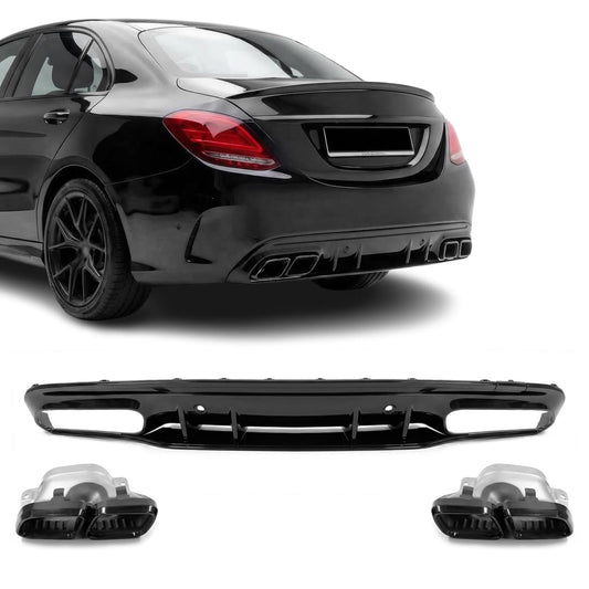 C63-style Rear bumper Diffuser + Exhaust Tips set for Mercedes W205 / S205 (14-21) with AMG-line, glossy black