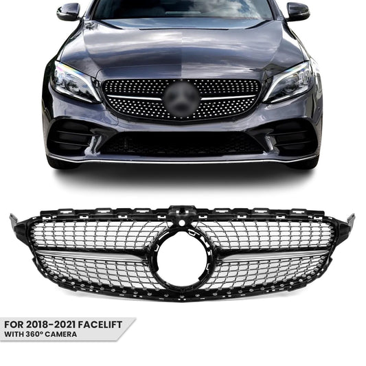 Diamond Front Grille for Mercedes-Benz W205 / S205 / C205 (18-21) facelift, with camera, chrome + black