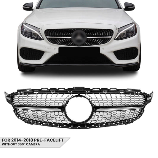 Diamond Front Grille for Mercedes-Benz W205 / S205 / C205 (14-18) pre-facelift, without camera, chrome + black
