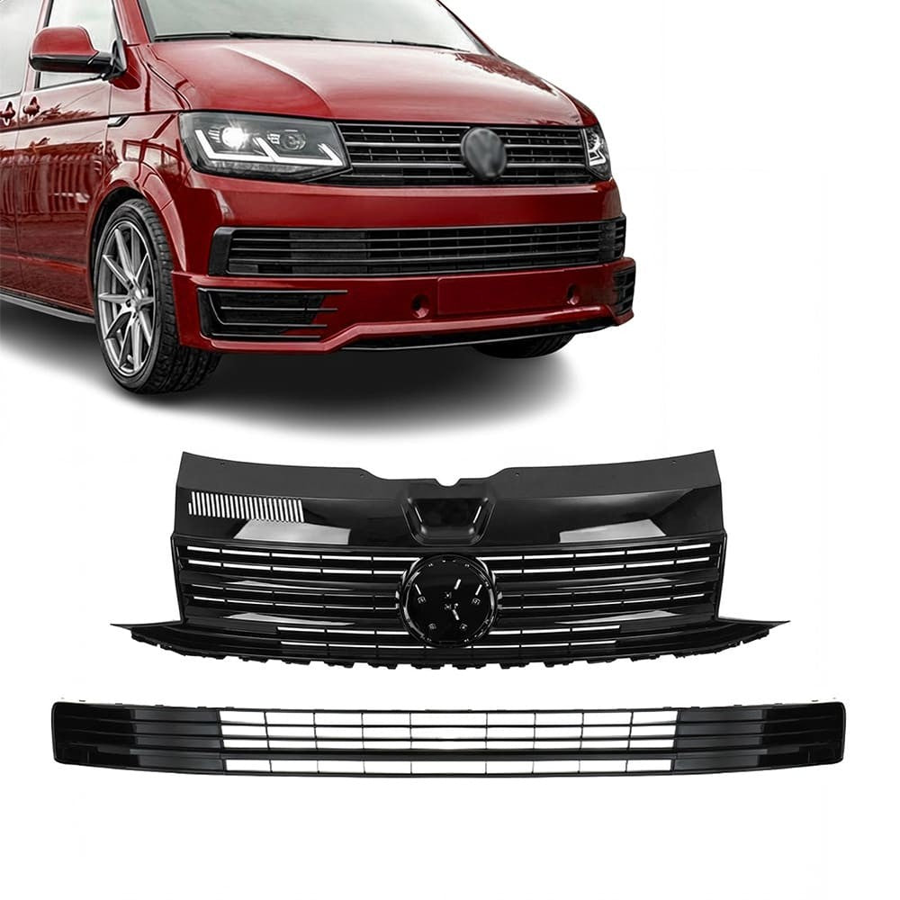 Front Upper + Lower Grille set for VW T6 (15-19), without PDC, without Distronic, glossy black