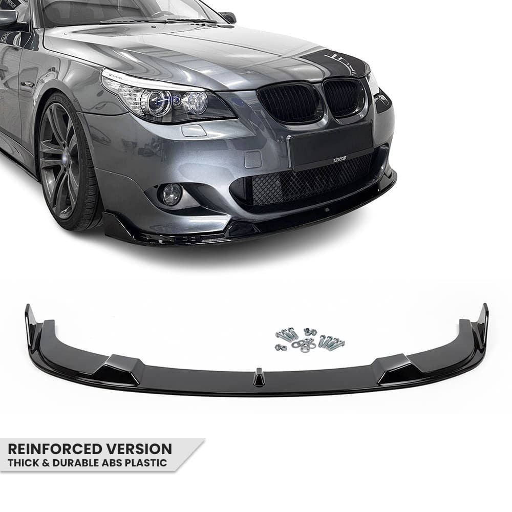 HM-style Front Bumper Lip Spoiler for BMW E60 / E61 with M-Tech bumper, glossy black V2: EXTRA-STRONG VERSION