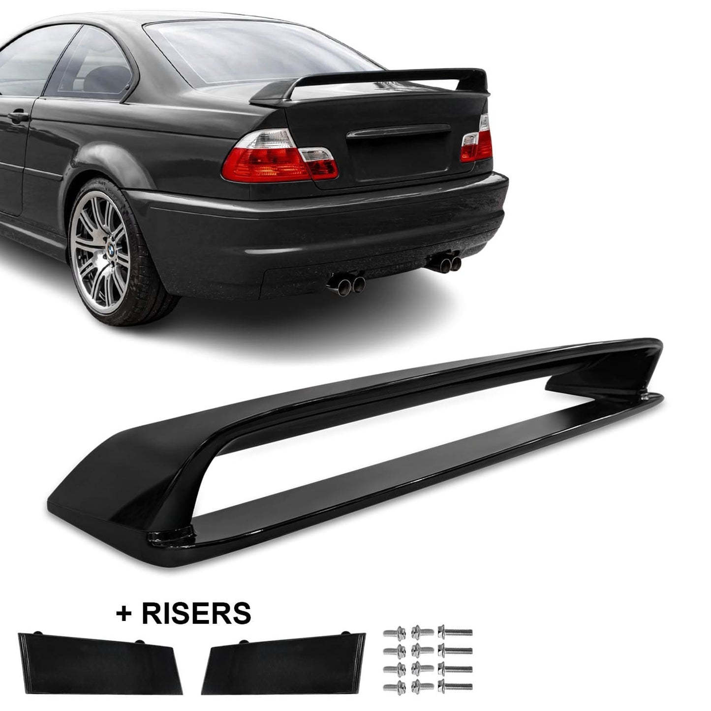 HM-style Trunk Spoiler + Risers set for BMW E46 sedan / coupe, glossy black