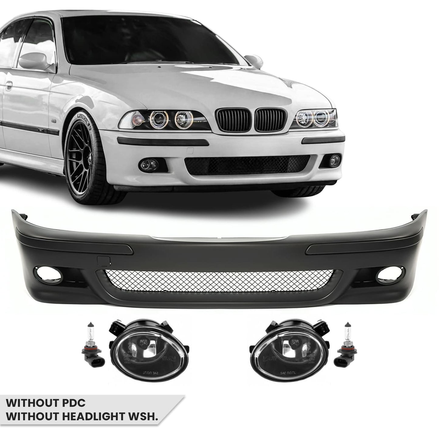 M Pack Front Bumper for BMW E39, without PDC, without headlight washers, with clear fog lights