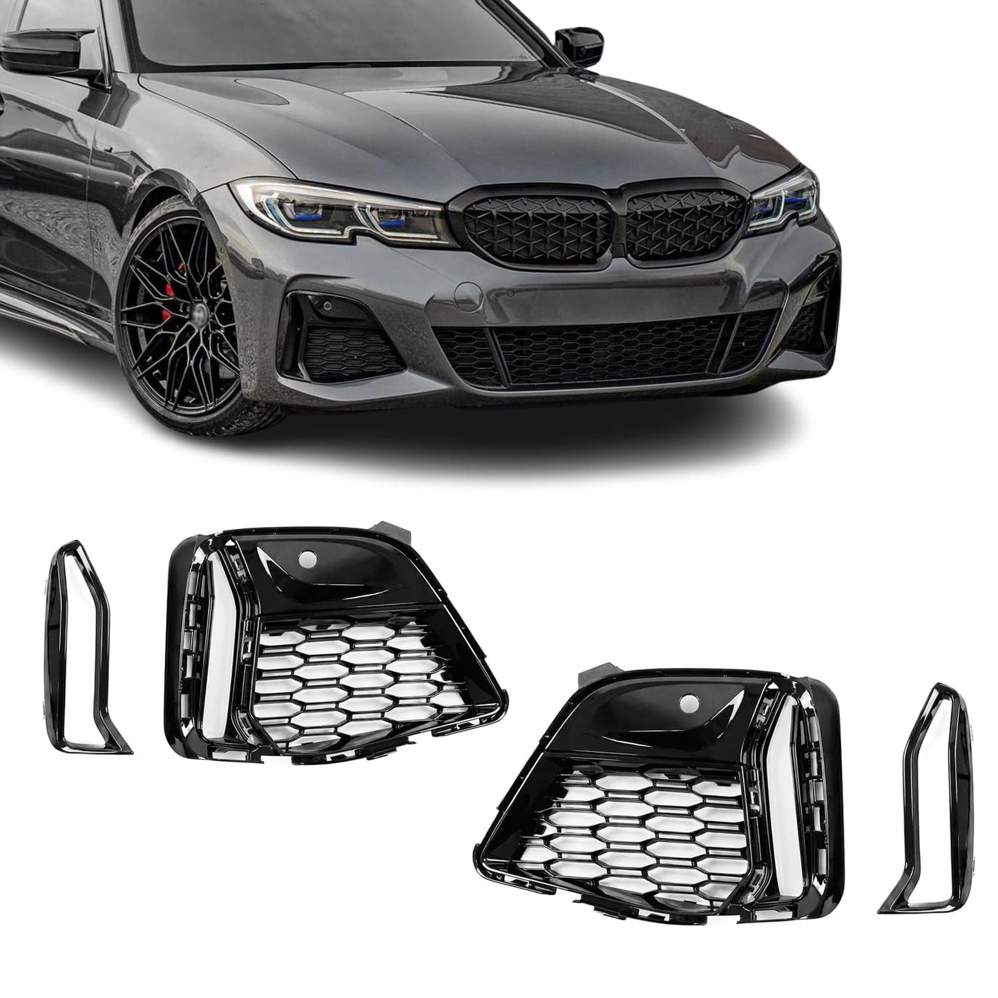 M340-style Front bumper Fog light delete Grille set for BMW G20 / G21 (18-22), glossy black