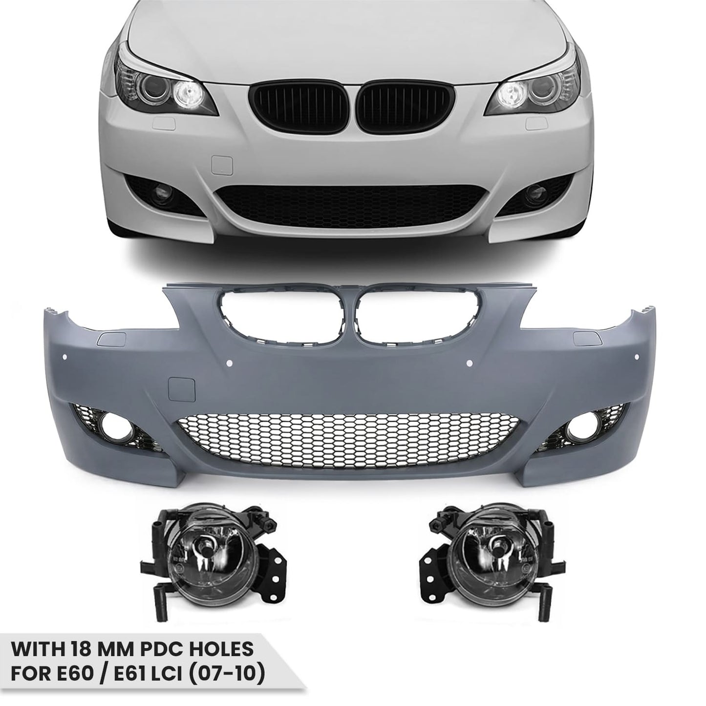 M5 look Front Bumper for BMW E60 / E61 LCI (07-10) with 18 mm PDC holes, with clear fog lights