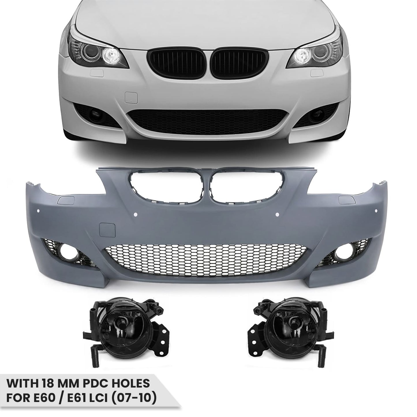 M5 look Front Bumper for BMW E60 / E61 LCI (07-10) with 18 mm PDC holes, with smoked fog lights