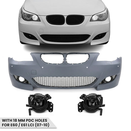 M5 look Front Bumper for BMW E60 / E61 LCI (07-10) with 18 mm PDC holes, with smoked fog lights