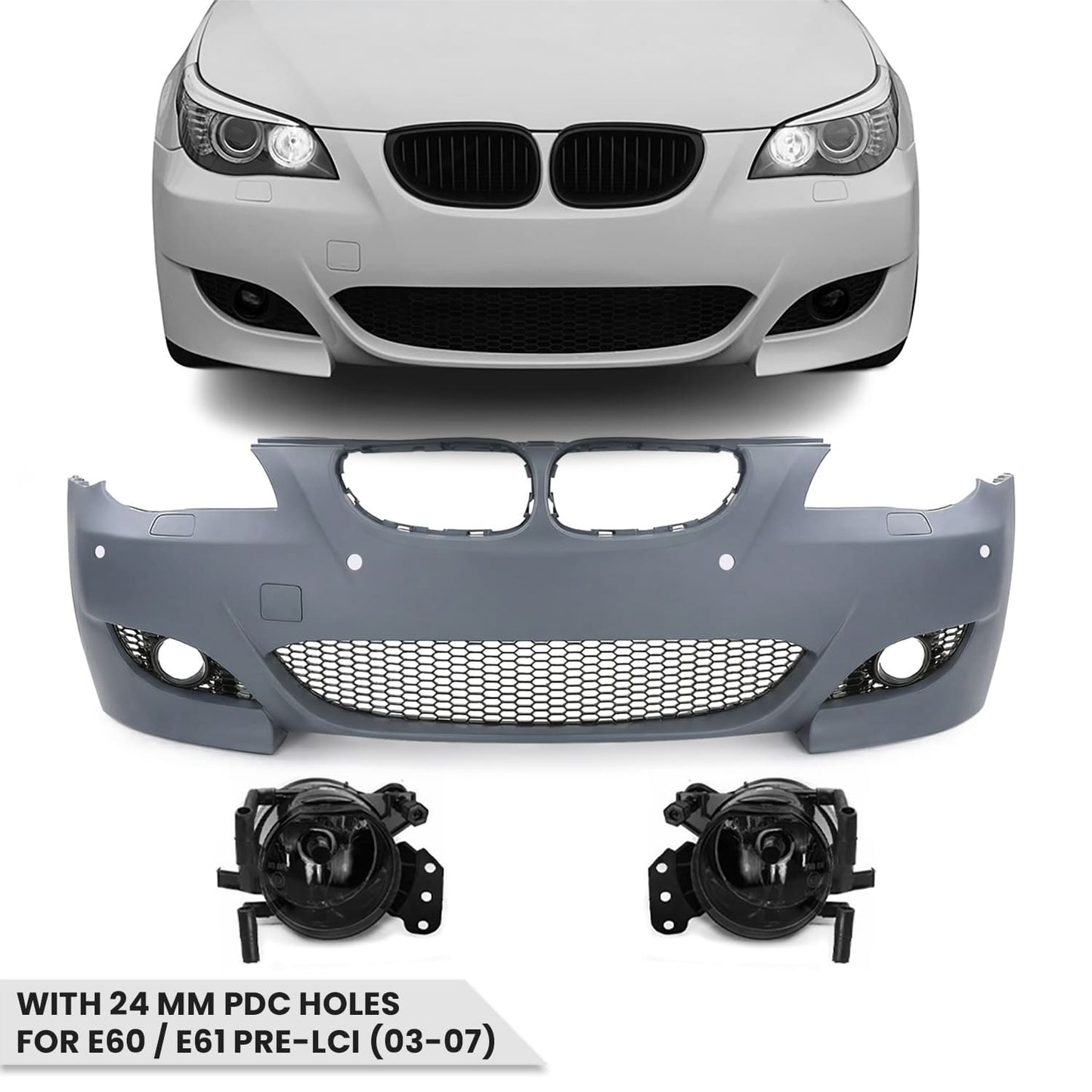 M5 look Front Bumper for BMW E60 / E61 PRE-LCI (03-07) with 24 mm PDC holes, with smoked fog lights