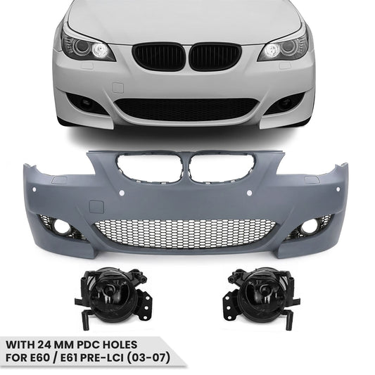 M5 look Front Bumper for BMW E60 / E61 PRE-LCI (03-07) with 24 mm PDC holes, with smoked fog lights