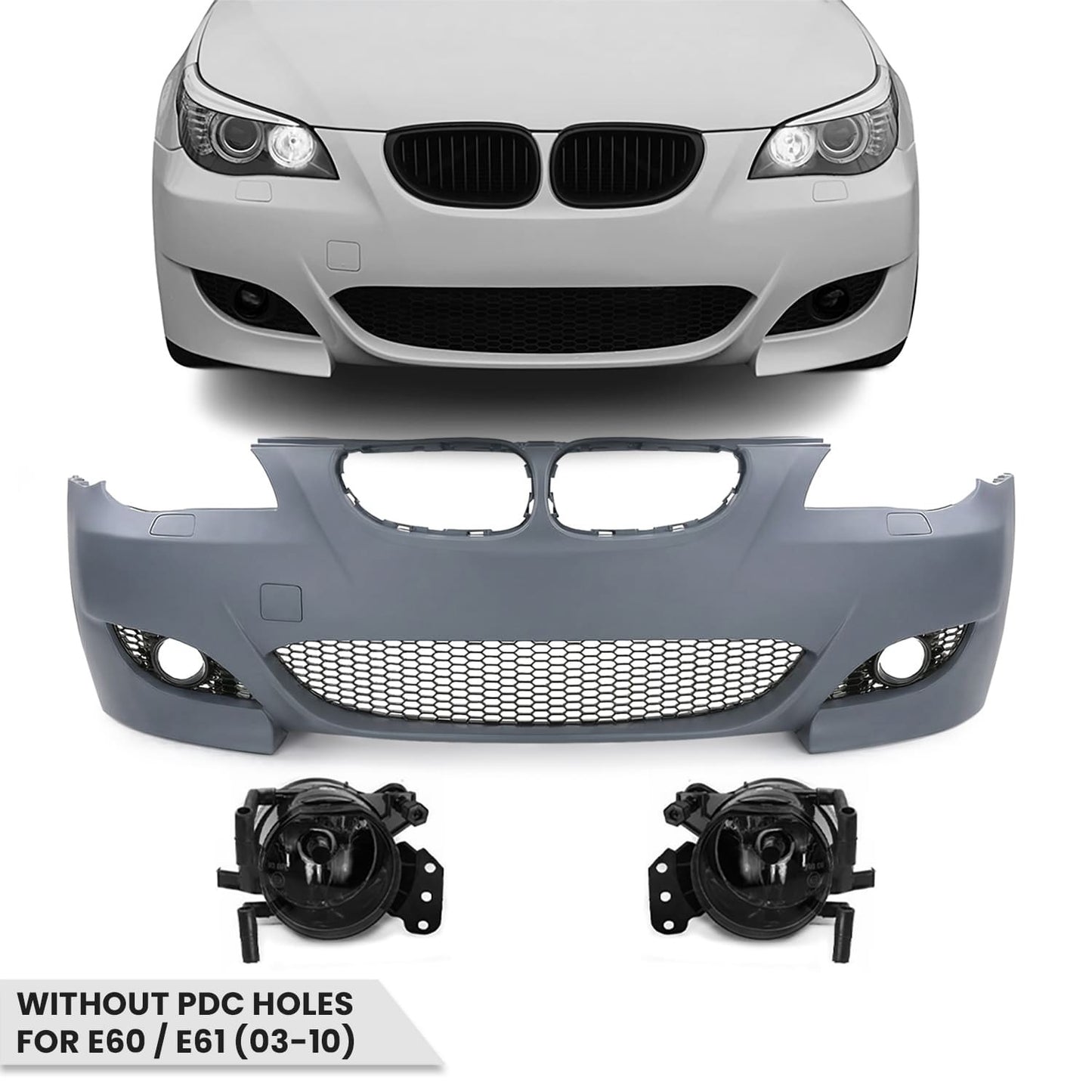 M5 look Front Bumper for BMW E60 / E61 (03-10) without PDC holes, with smoked fog lights