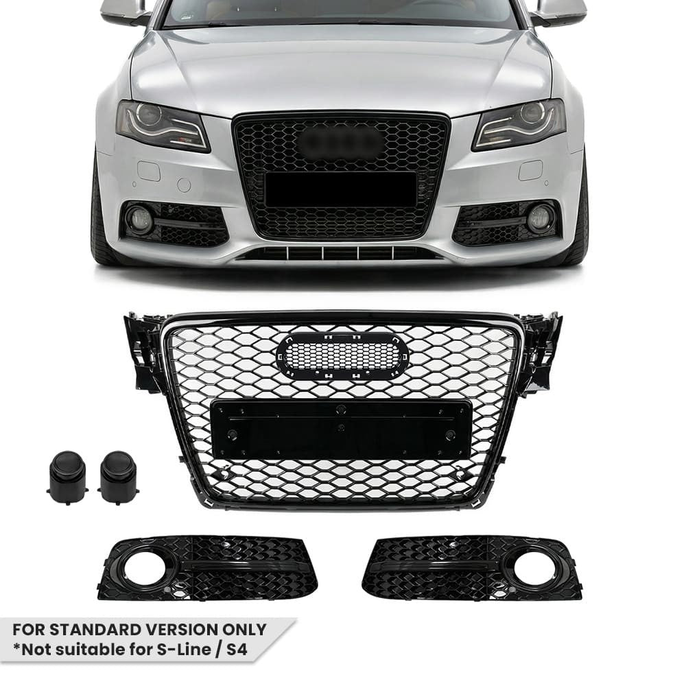 RS-style Front Central + Fog Light Grille set for Audi A4 B8 (08-12) standard version, glossy black