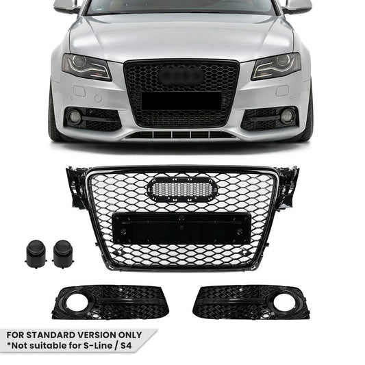 RS-style Front Central + Fog Light Grille set for Audi A4 B8 (08-12) standard version, glossy black