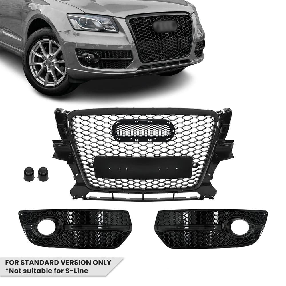 RS-style Front Central + Fog Light Grille set for Audi Q5 8R pre-facelift (09-12) standard version, glossy black