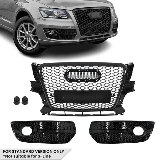 RS-style Front Central + Fog Light Grille set for Audi Q5 8R pre-facelift (09-12) standard version, glossy black