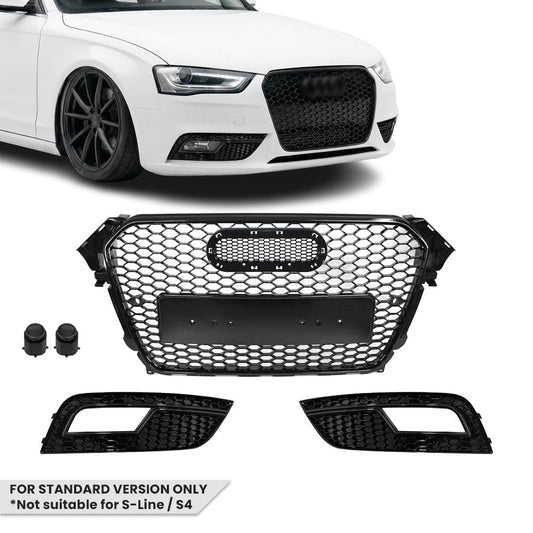 RS-style Front Central + Fog Light Grille set for Audi A4 B8.5 (12-15) standard version, glossy black